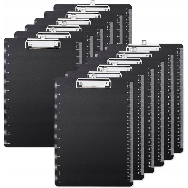 Set 12 clipboarduri A4, plastic, negru, cu clip metalic si masura integrata