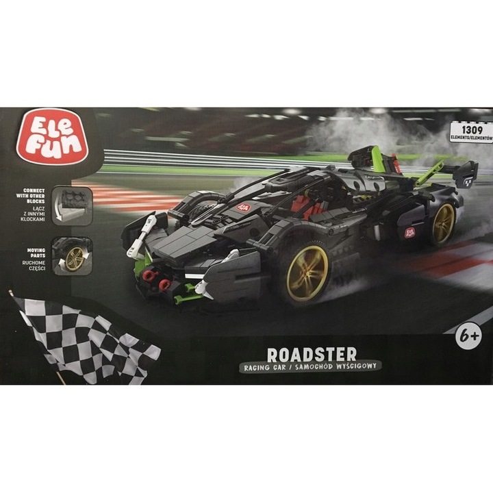 Set de constructie Elefun Roadster, 1309 elemente, masina de curse, neagra