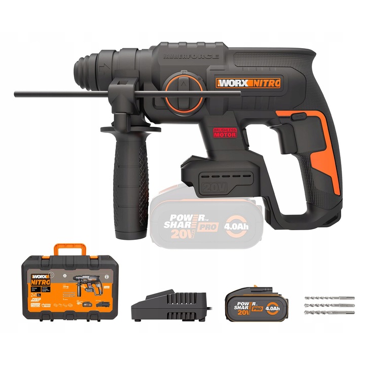 Masina de gaurit, insurubat Worx WX381, 20V, motor fara perii, 2J, set complet