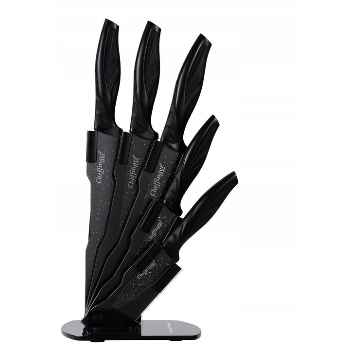 Set de 5 cutite de bucatarie Cheffinger Home cu suport, design modern, negru, din otel inoxidabil