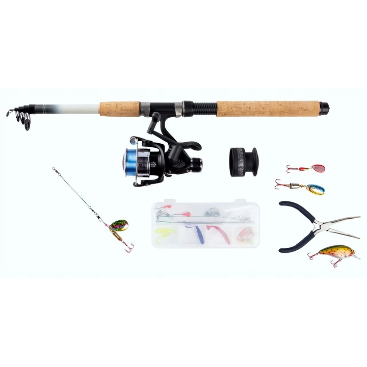 Set complet de pescuit ROCKTRAIL, lanseta telescopica 210cm, mulineta, accesorii, cutie de depozitare, geanta de transport