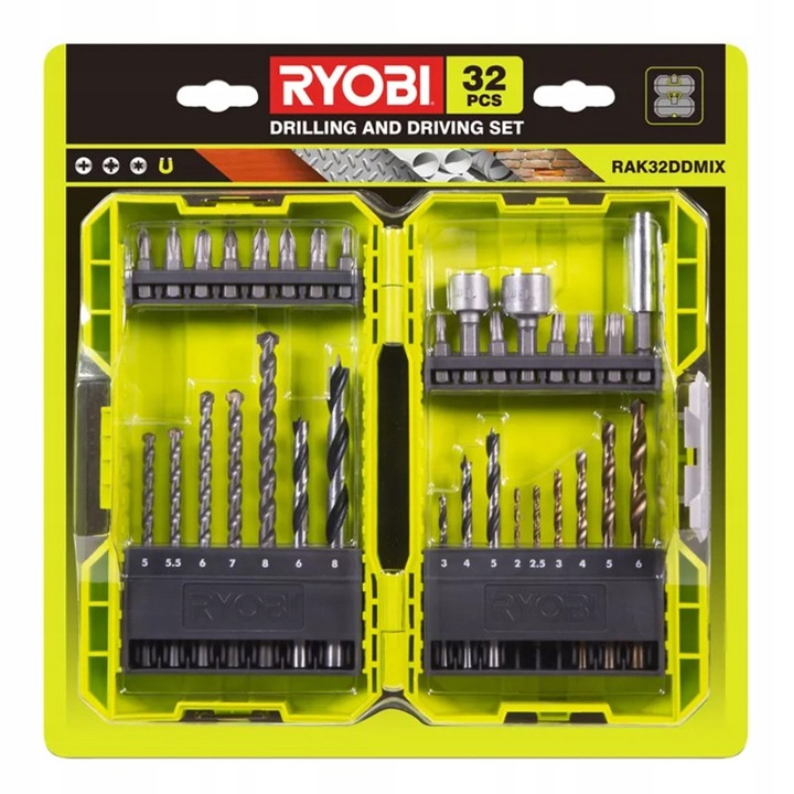 Set burghie si biti Ryobi RAK32DDMIX pentru gaurire si insurubare, include burghie pentru lemn/metal/beton si biti cu 2 chei tubulare 10/13 mm, suport magnetic 60 mm, caseta din plastic, galben/negru, 32 piese
