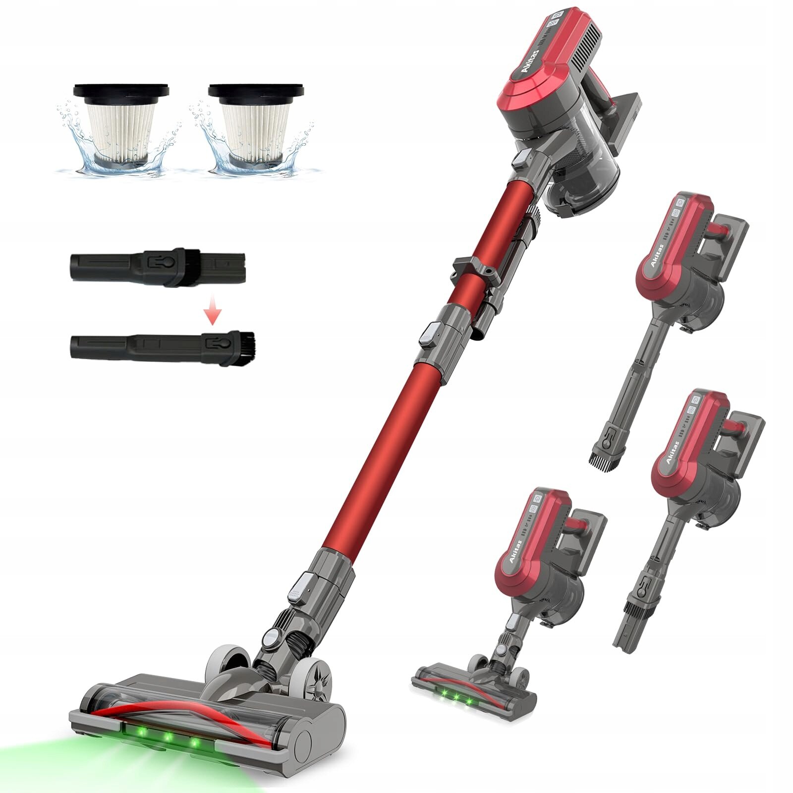 Aspirator vertical Akitas V10A 450W, 45kPa, fara fir, rosu, 2.15kg, set cu suport de perete si filtru HEPA