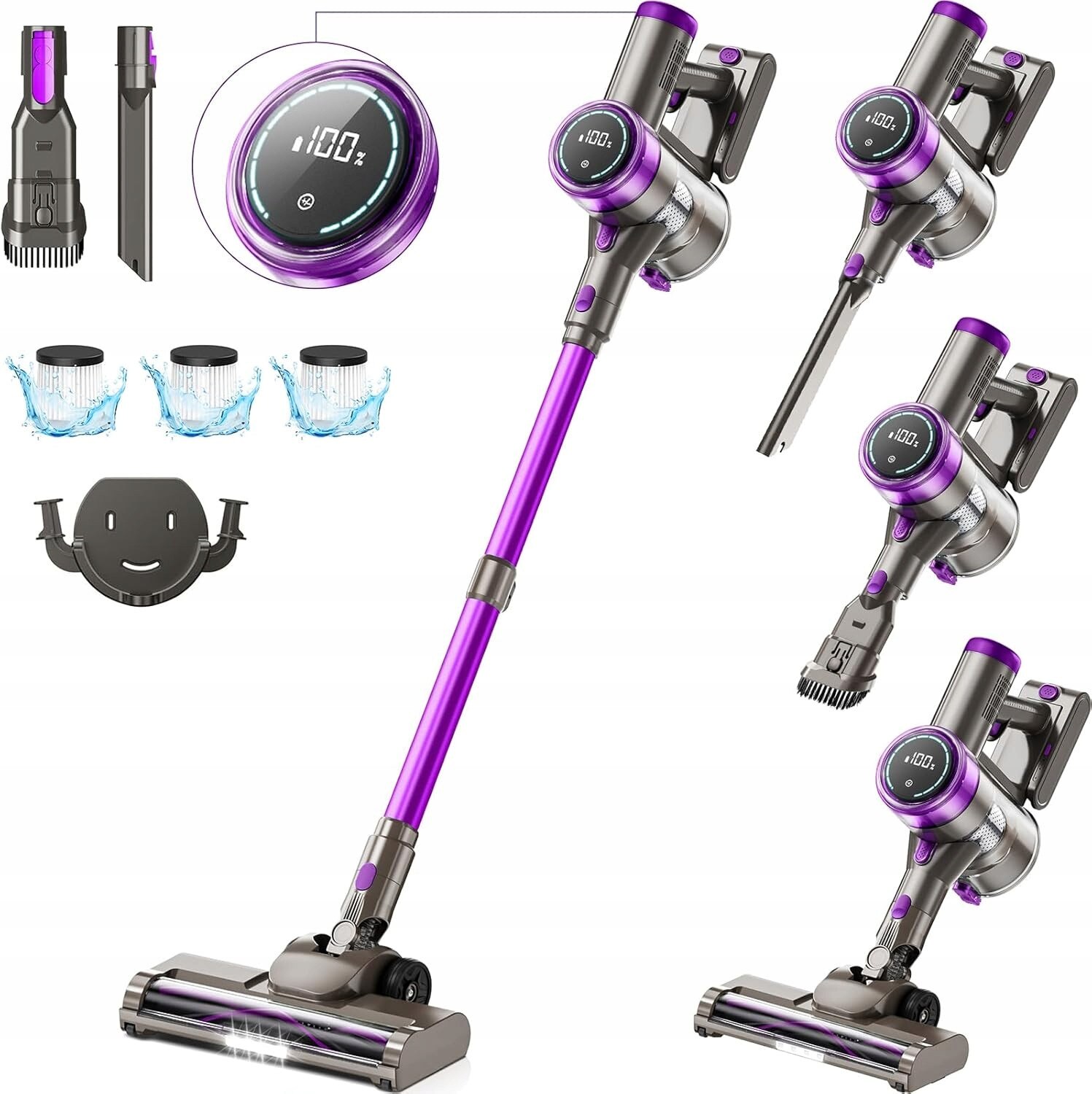 Aspirator vertical fara fir, Lubluelu 202, 550 W, 45000 Pa, 65 min autonomie, filtru 1.5 l, violet