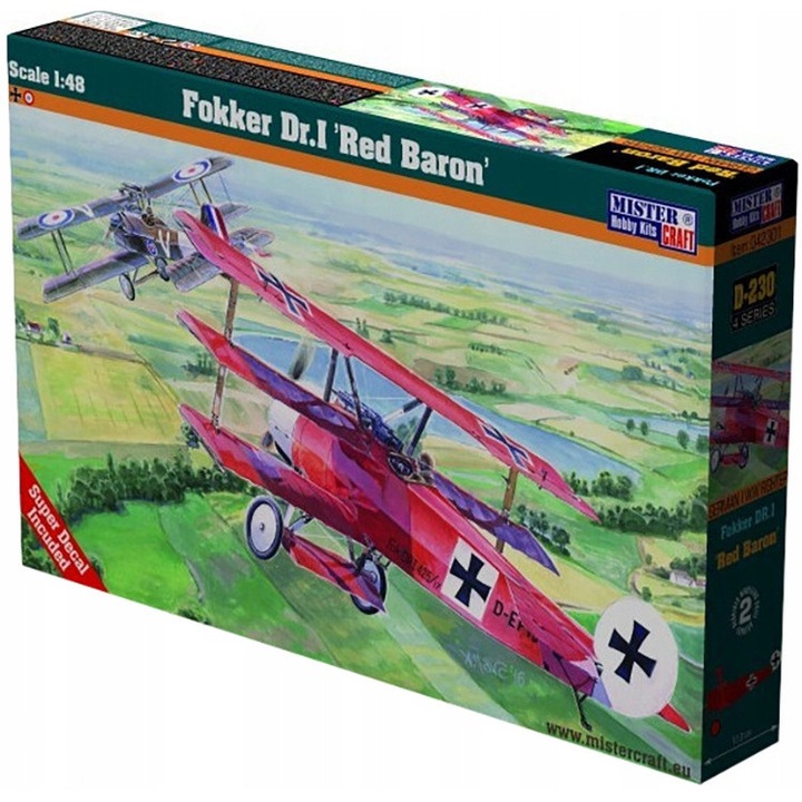 Model aeromodel Fokker DR.I Red Baron, 30x35cm, pentru copii peste 8 ani