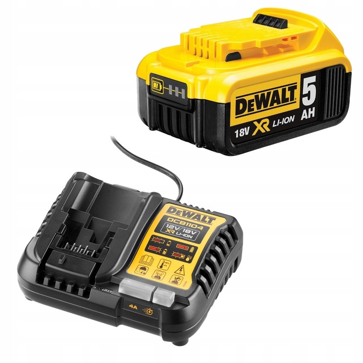 Set acumulator 18V 5,0Ah Li-Ion DCB184 + incarcator DCB1104 DeWalt, 65x110mm, 0,62kg