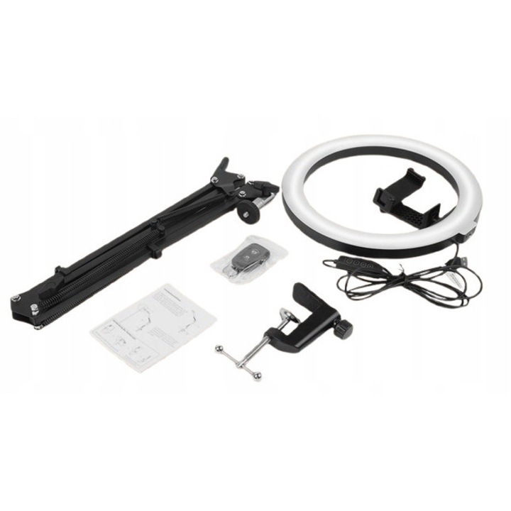 Lampa Pierscieniowa LED 25 cm cu Stativ Regulat, 10 Niveluri de Luminozitate, Alimentare USB, Set complet
