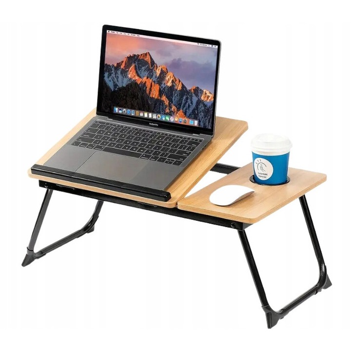 Stolik mobil pentru laptop, 55x32cm, cu blat reglabil, loc pentru cana, pliabil, design modern