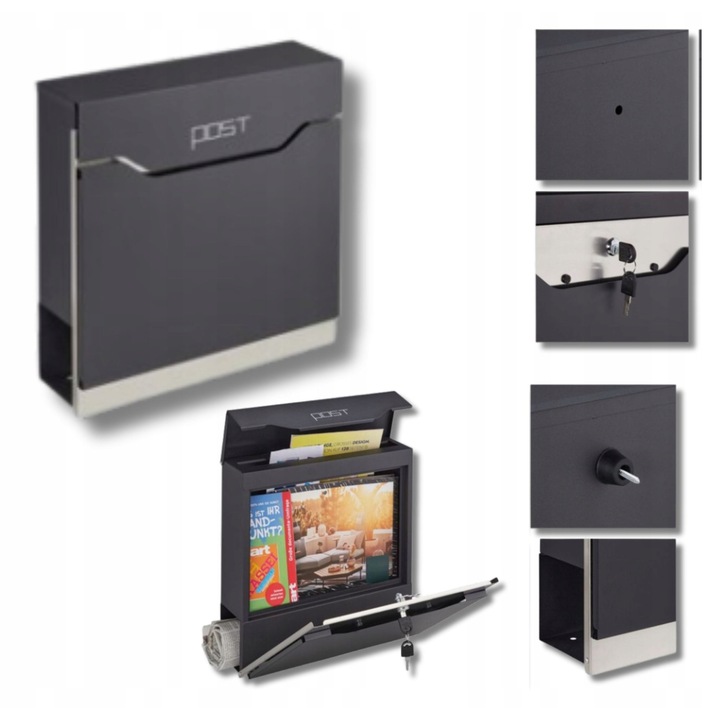 Skrzynka postala din otel mat cu suport pentru ziare, neagra/silver, 37x37x11cm