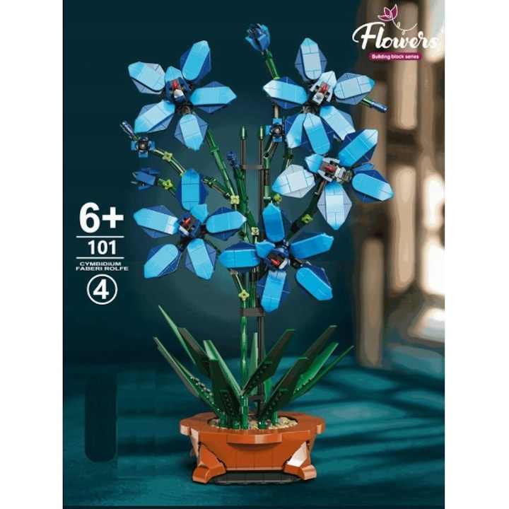 Set de constructie Storczyk Cymbidium, 927 elemente, detalii realiste, culoare albastra, inaltime 40cm