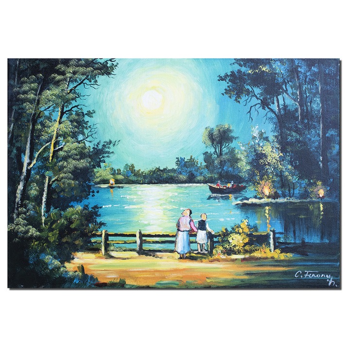 Tablou peisaj pictat manual, Rasarit de soare, 70x50cm ulei pe panza, Constantin Feraru