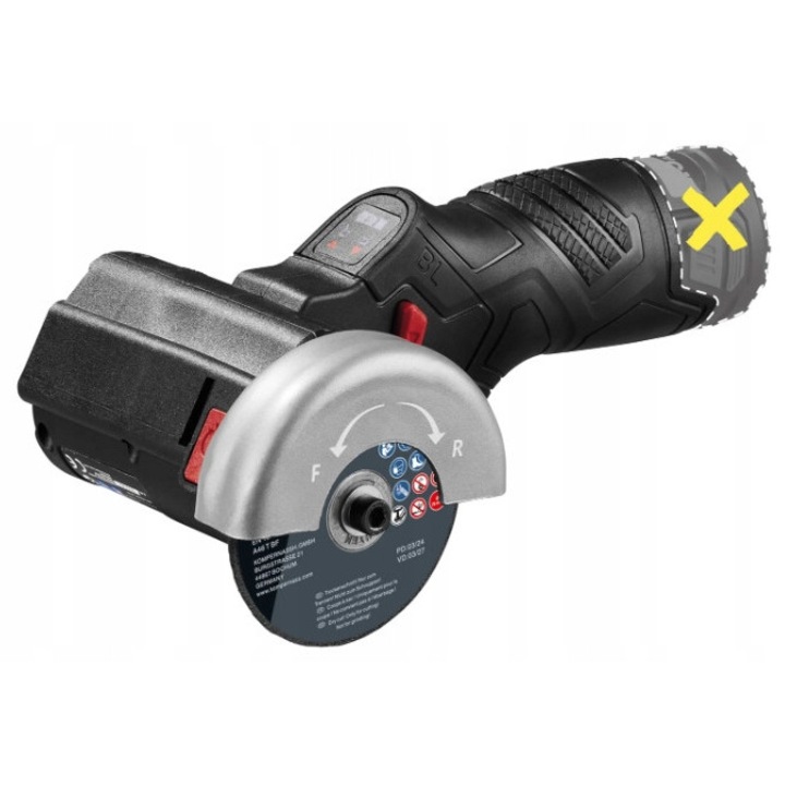 Polizor unghiular fara fir 12V, 76mm, constructie compacta, ergonomic, cu carcasa de depozitare