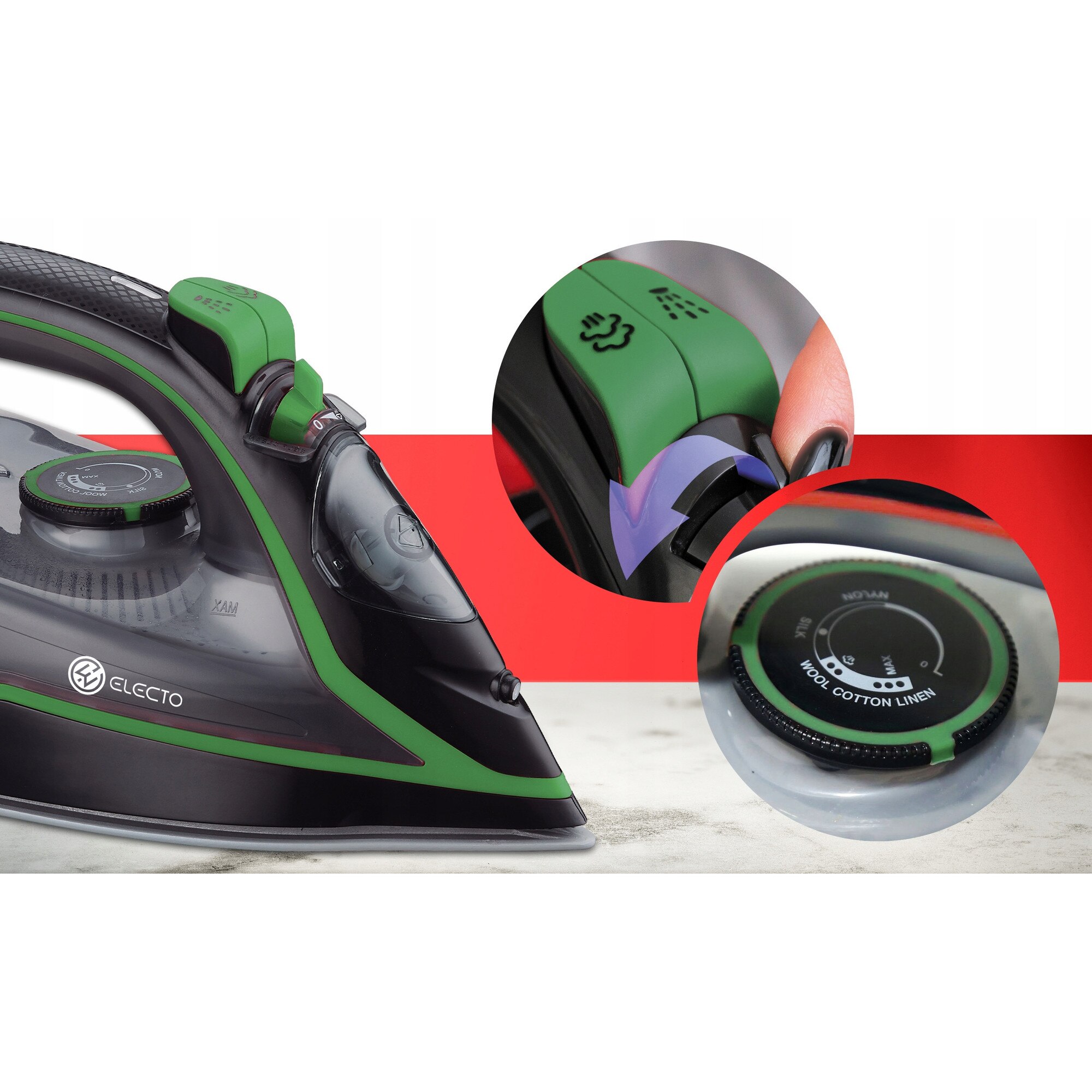 Fier de calcat cu abur Electo 3000W ceramic, functie anti-drip, 380ml, verde
