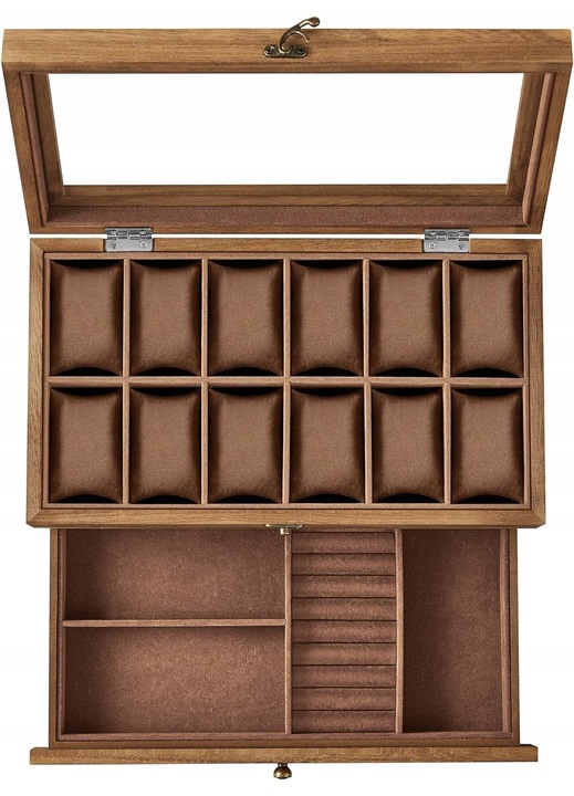 Óradoboz, 12 rekeszes, 2 szintes, rusztikus fa, 19x34x12,5cm