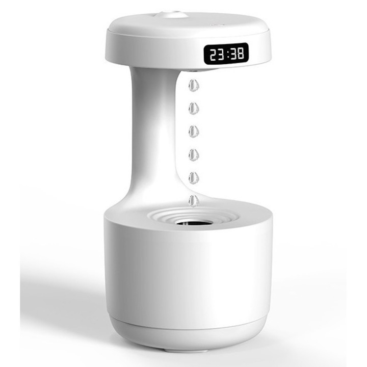 LED órás, antigravitációs párásító, 600ml, fehér, 231x120x120mm
