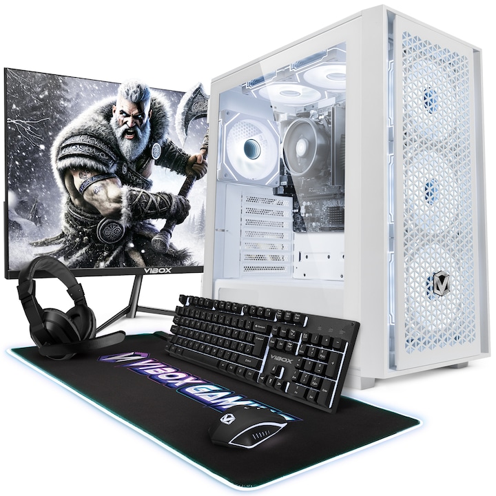 PC Vibox VI-4, Ryzen 3 3200G 4,0 GHz, 16 GB RAM, 1 TB SSD, Alb, 21,5 inch Full HD, Set complet