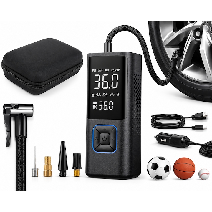 Compresor Auto Portabil VALORIA 3 in 1, Pompa Aer Masina 150PSI, Baterie 6000mAh Tip Power Bank, Ecran Digital, Oprire Automata, Debit 20L/min, Lanterna LED, Incarcare USB, 4 Accesorii pentru Roti, Bicicleta, Minge, Negru