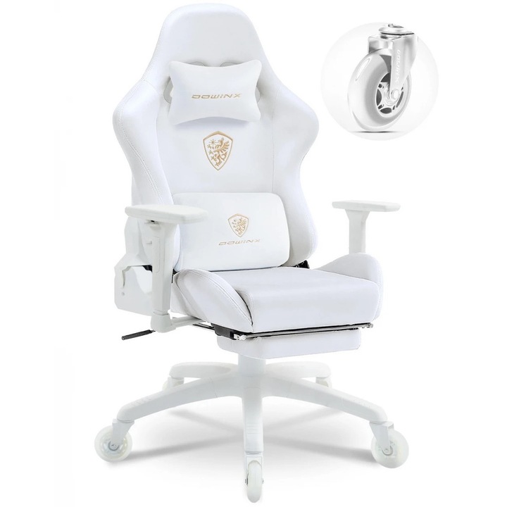 Scaun Gaming Premium DOWINX®, Scaun Gaming Ergonomic, Masaj In Perna Lombara USB, Suport Picioare, Material Textil Respirabil, Recliner 90-155°, Cotiere 3D Reglabile, Cadru Metalic Rezistent 200 Kg, Roti Silicon Silentioase, Spatar Ajustabil, Alb