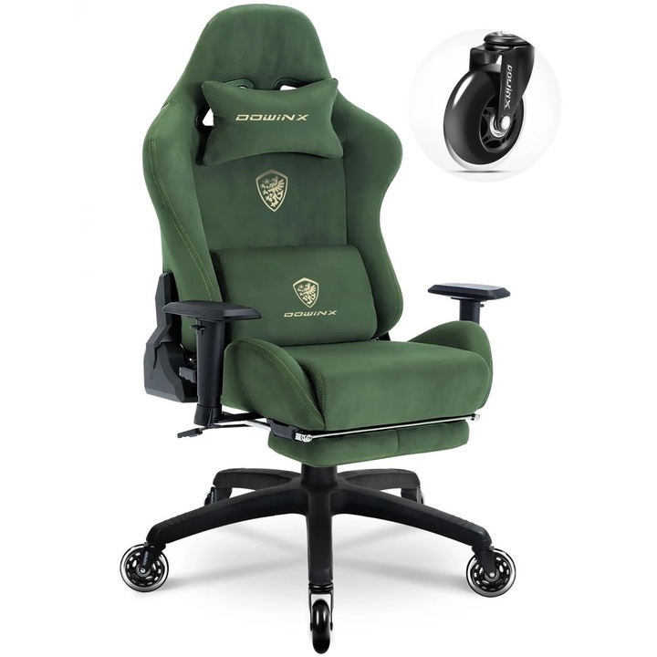 Scaun Gaming Premium DOWINX®, Scaun Gaming Ergonomic, Masaj In Perna Lombara USB, Suport Picioare, Material Textil Respirabil, Recliner 90-155°, Cotiere 3D Reglabile, Cadru Metalic Rezistent 200 Kg, Roti Silicon Silentioase, Spatar Ajustabil, Verde