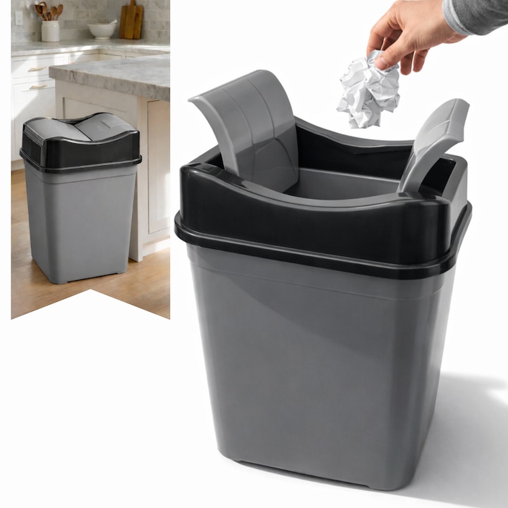 Cos de gunoi 35L, cu capac rabatabil Salestore.ro®, Cos de gunoi bucatarie, baie, birou, Compact, 53 x 30 x 21 cm, Plastic, Gri/Negru