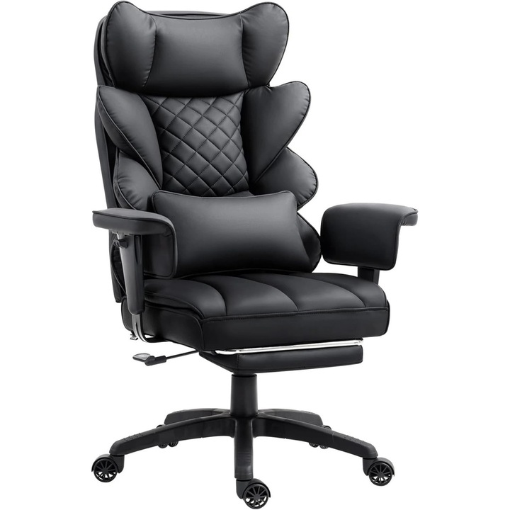 Scaun Directorial Premium DOWINX®, Scaun Directorial XXL, Sezut Cu Arcuri Metalice Si Spuma, Spatar Dublu Strat Moale, Perna Lombara Reglabila, Cotiere Reglabile, Rabatabil 90°-135°, Suport Picioare Retractabil, Piele PU, Negru