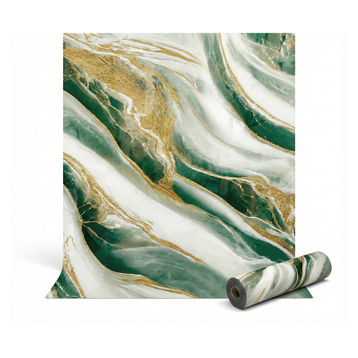 Rola tapet autoadeziv premium NEXTLY, marmura alba cu insertii de verde deschis, waterproof, ajustabil, adeziv puternic, usor de montat, acoperire 3.6 mp, 120x300 cm, 2.5 mm grosime, verde deschis