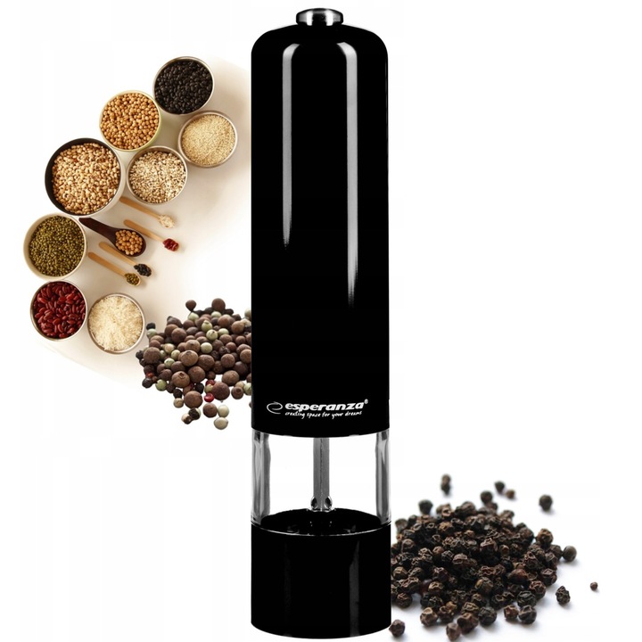 Mlin de condimente electric, Malabar, negru, 23x5cm, iluminare LED