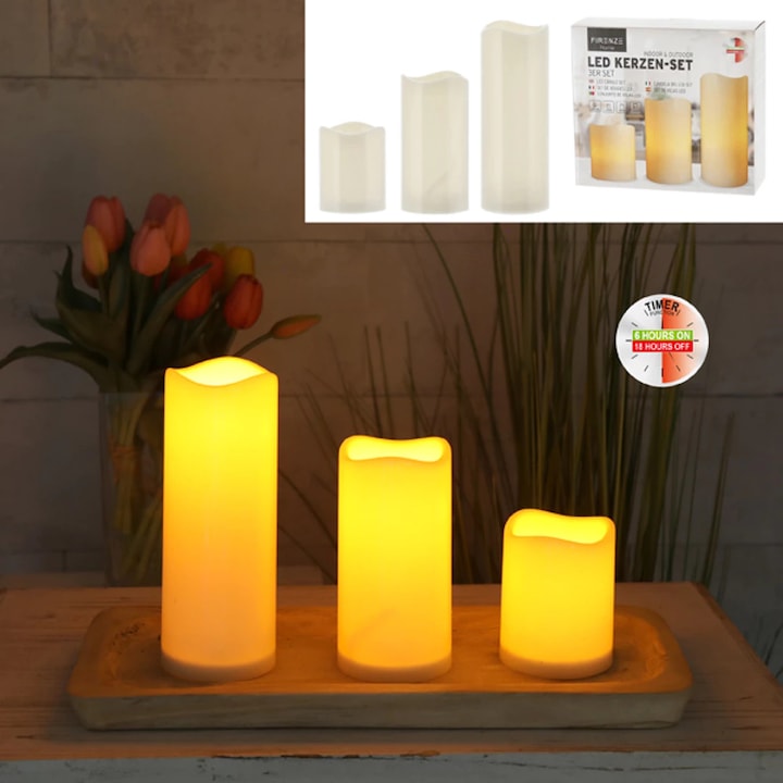 Set 3 Lumanari LED, cu efect de flacara, Functie Temporizator, Decor pentru Terasa si Gradina