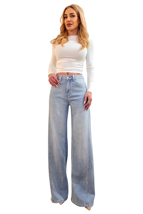 Blugi wide leg Kyoto, cu strasuri si nuanta prespalata, Albastru deschis