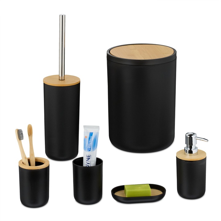 Set accesorii de baie Relaxdays, 6 piese, Dispenser sapun, Sapuniera, Suport periuta de dinti, Suport perii, Suport perie toaleta, Cos de gunoi, Plastic/Bambus, Negru