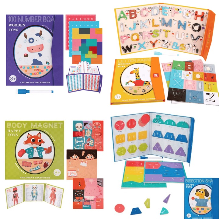 Pachet 3 x Joc educativ Matematica Montessori, Tablita din lemn Fractii, Include caiet exercitii, Oferta 3 la pret de 2, Modele la alegere pentru invatare interactiva, Dezvoltare cognitiva copii, Multicolor