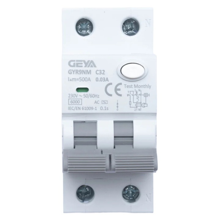RCBO GEYA 1P+N C32 30mA Tip AC - Siguranta automata diferentiala cu protectie la supracurent, alb