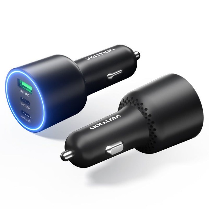 Vention autós töltő, 3 portos USB C+A, 165W, fekete