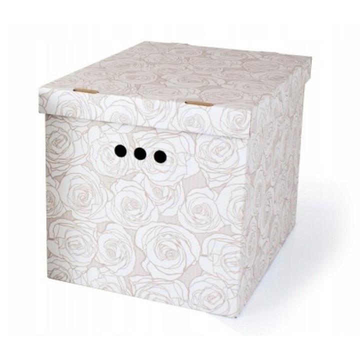 Cutie depozitare XL DekorHome, alb|maro deschis, 44.8x33.2x32.8cm, cu capac, imprimeu decorativ