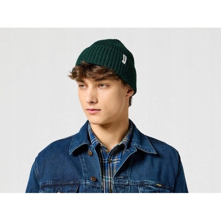 Férfi sapka, Wrangler, Sign Off, Regular Fit, Logóval, Őszi-Téli szezon, Meleg és Kényelmes, Bordás kötött anyag, Pamut, UNI INTL, Zöld