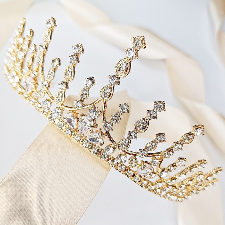 Tiara aurie inalta spectaculoasa stralucitoare coroana diadema de nunta eleganta, coroana placata tiara diadema de nunta moderna stralucitoare pentru bal rochie