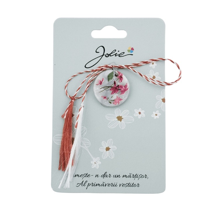 Martisor Traditional Flippy, Jolie, Rotund Flori Roz, Snur Impletit Alb/Rosu, Multicolor, Pandantiv 2 cm