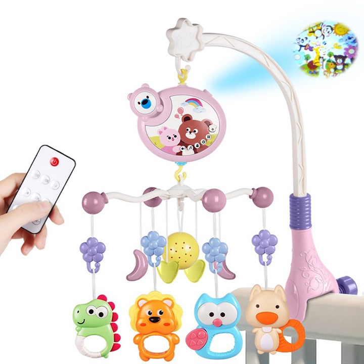Carusel Muzical Patut Bebelusi, Duueyct, Proiector cu Lumini, Carusel Muzical Cu 400 Cantecele Leagan, Control prin Telecomanda, 5 Jucarii Detasabile, Rotire 360°, Volum Reglabil, Usor de instalat, Pentru un somn linistit, Plastic, Roz