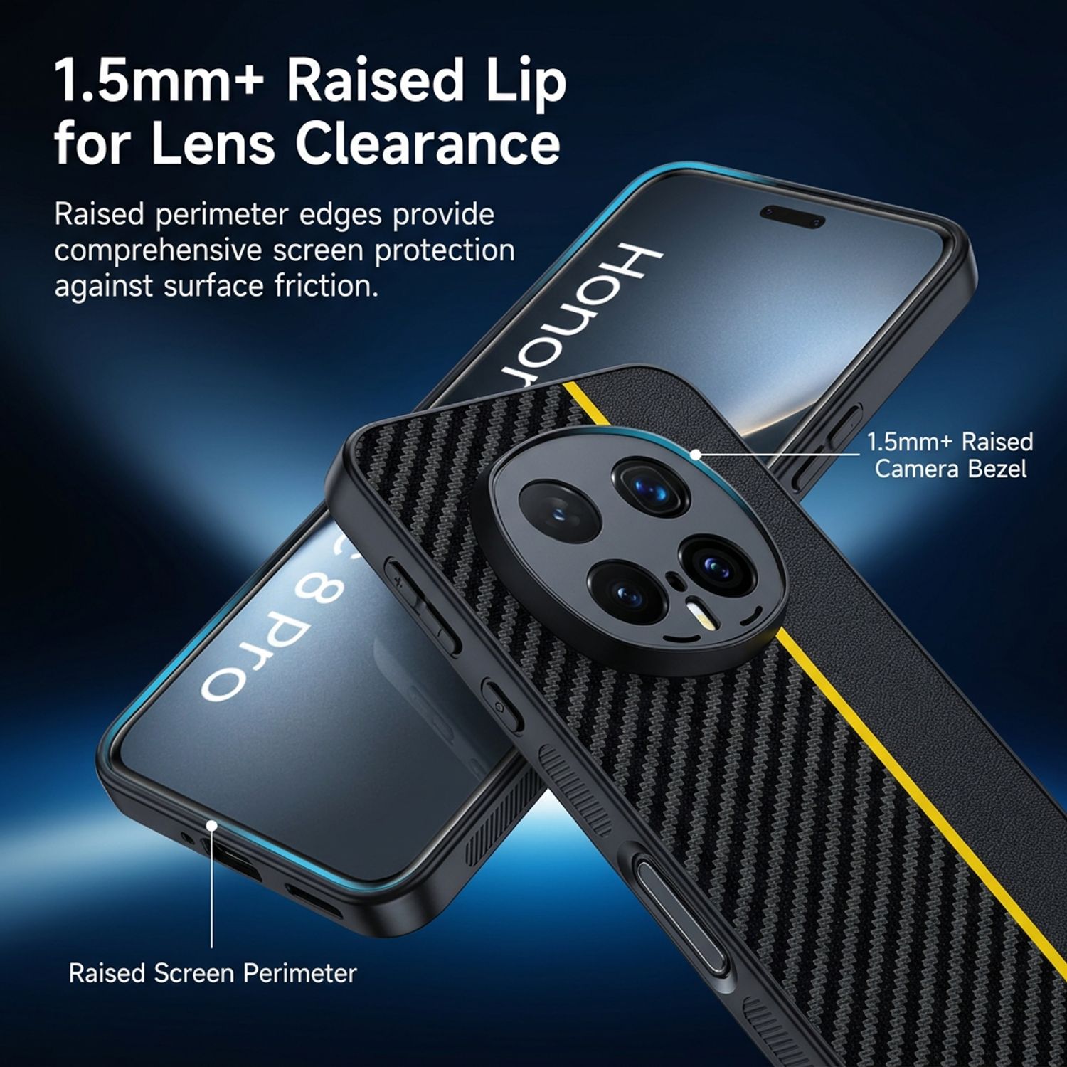 Husa pentru Honor Magic 8 Pro, Textura Fibra de Carbon si Piele, Design Ultra Slim, Protectie Camera si Anti-Amprenta, Rezistenta la Socuri, Stil Business Elegant, Negru cu galben
