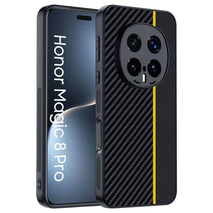 Калъф за Honor Magic 8 Pro, текстура от карбонови влакна и кожа, ултра тънък дизайн, защита на камерата и против пръстови отпечатъци, устойчивост на удар, елегантен бизнес стил, черен с жълто