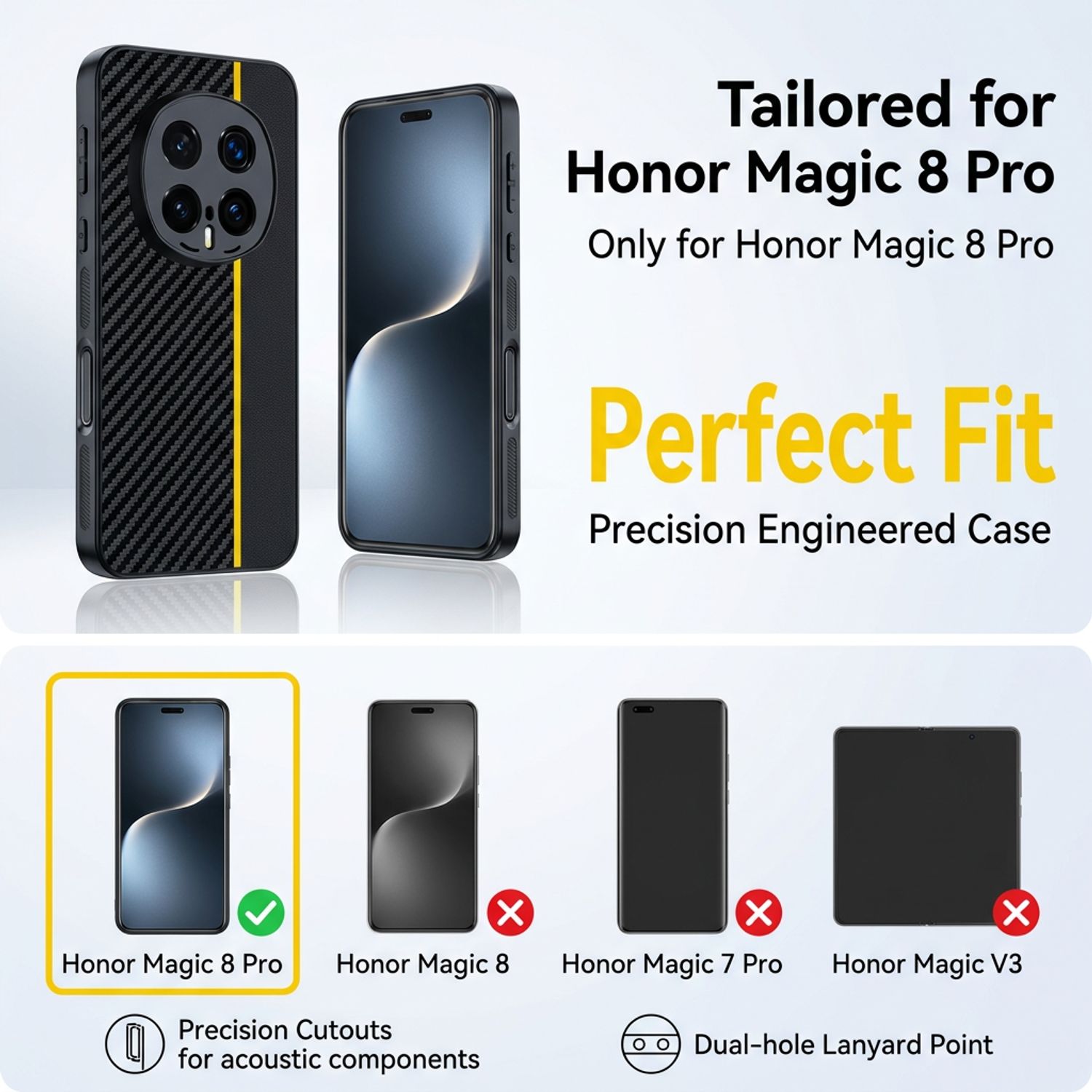 Husa pentru Honor Magic 8 Pro, Textura Fibra de Carbon si Piele, Design Ultra Slim, Protectie Camera si Anti-Amprenta, Rezistenta la Socuri, Stil Business Elegant, Negru cu galben
