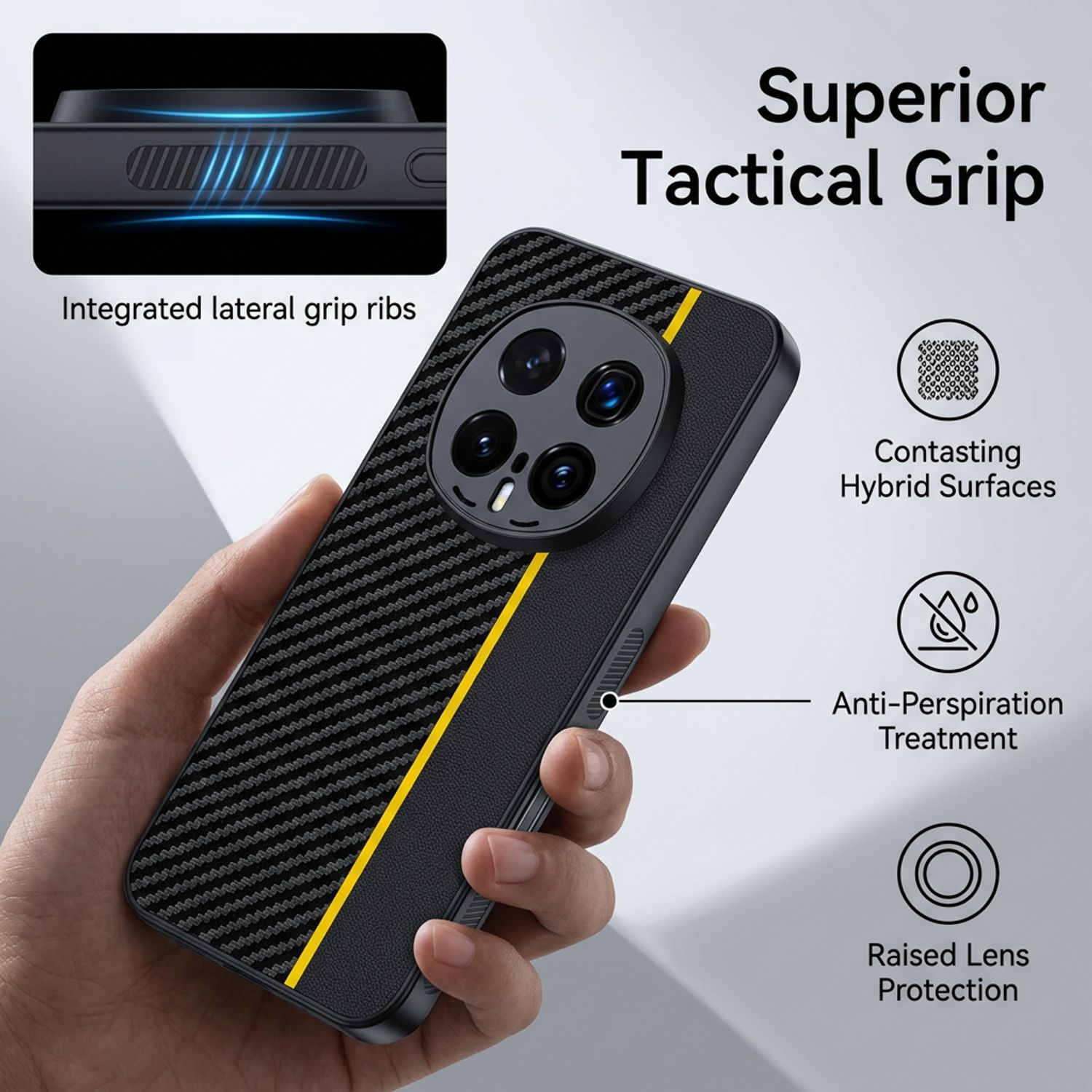 Husa pentru Honor Magic 8 Pro, Textura Fibra de Carbon si Piele, Design Ultra Slim, Protectie Camera si Anti-Amprenta, Rezistenta la Socuri, Stil Business Elegant, Negru cu galben