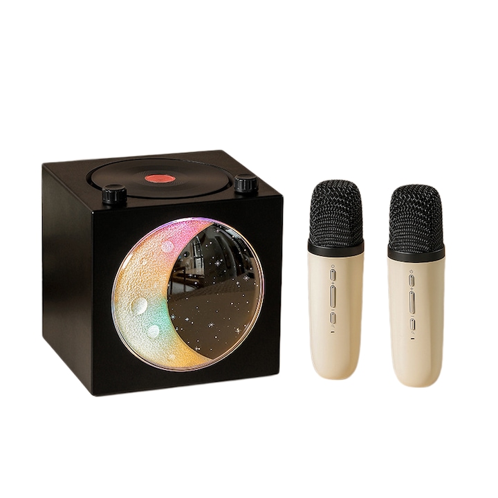 Difuzor portabil, Bluetooth 5.0, microfoane duble, lumina ambientala de noapte, calitate audio de inalta definitie, baterie de 1500 mAh, incarcare USB, negru
