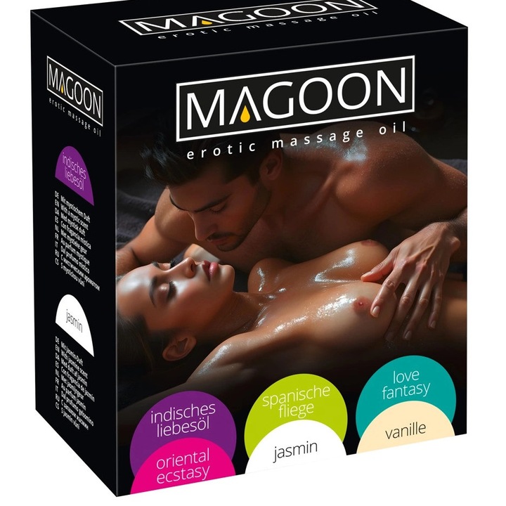 Set 6 uleiuri de masaj Magoon, 200ml fiecare, aroma vanilie, iasomie, arome orientale