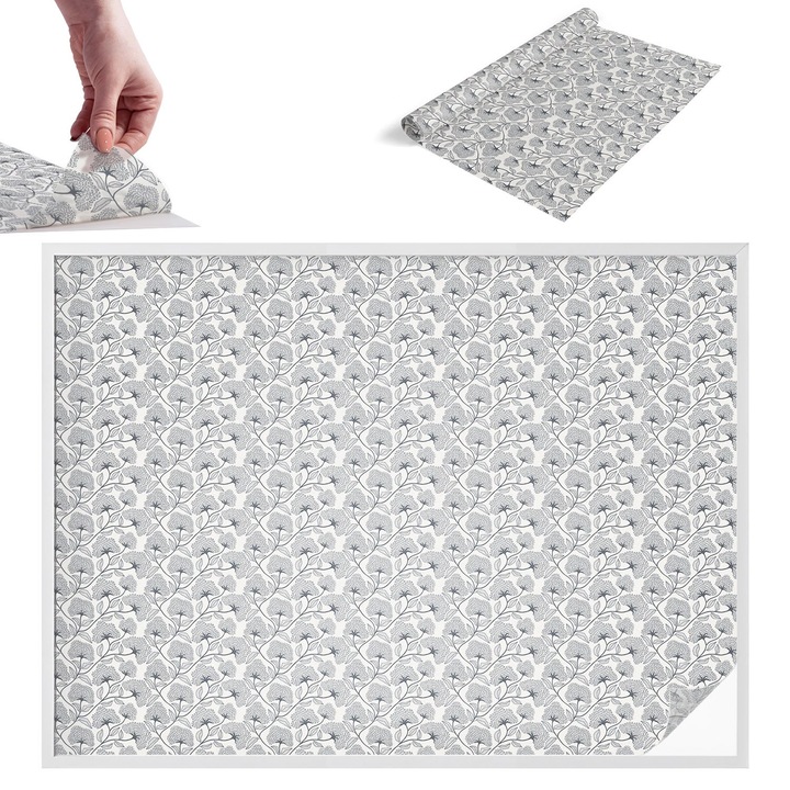 Декоративно фолио за стъкла и прозорци, Wallfluent, Ботанически мотив, Сив, 200 x 146 cm, с ефект на витраж, За Шкафове, Врати, Стени, Гладки Повърхности, 010450850090000288826
