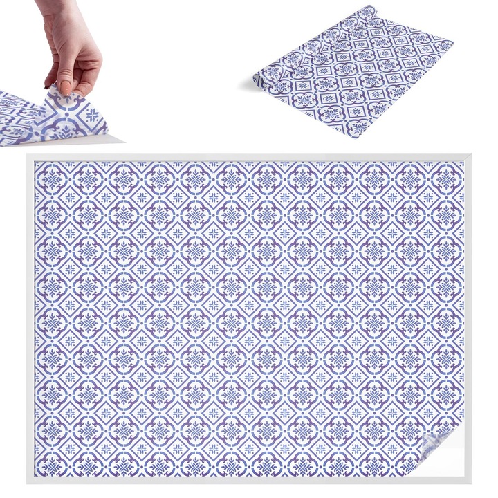 Самозалепващо декоративно фолио, Wallfluent, Сини плочки, Светлосин, 200 x 146 cm, с ефект на витраж, PVC, 010450850090000283210