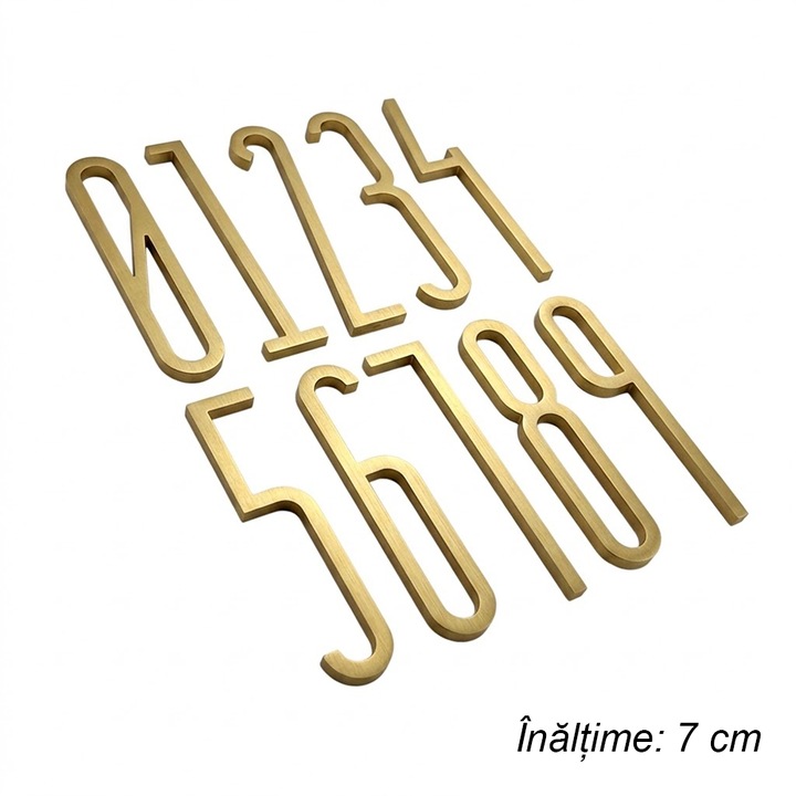 Numar casa si litera autoadeziv, Set cifre 0-9 din acril, Inaltime 7cm, Stil Modern 3D pentru Hotel si Apartament, Auriu