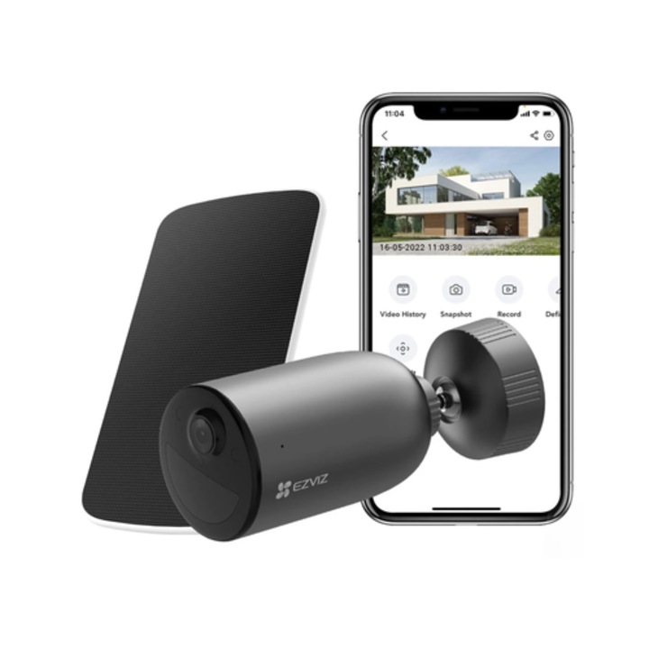 Смарт камера за наблюдение, интелигентна EZVIZ, със соларен панел 4.2 W, 3MP, 2K, 4G SIM карта без WIFI, микрофон, високоговорител, черна, външна, IP65