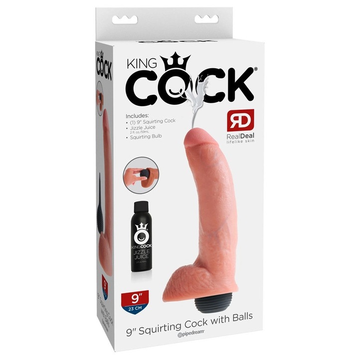 Dildo King Cock 23 cm cu sistem de ejaculare, PVC si silicon, bej