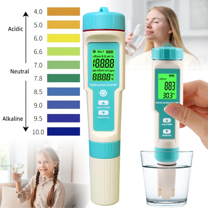 Detector de calitate a apei Luxofia 7 în 1, pH TDS EC ORP salinitate, alb, portabil